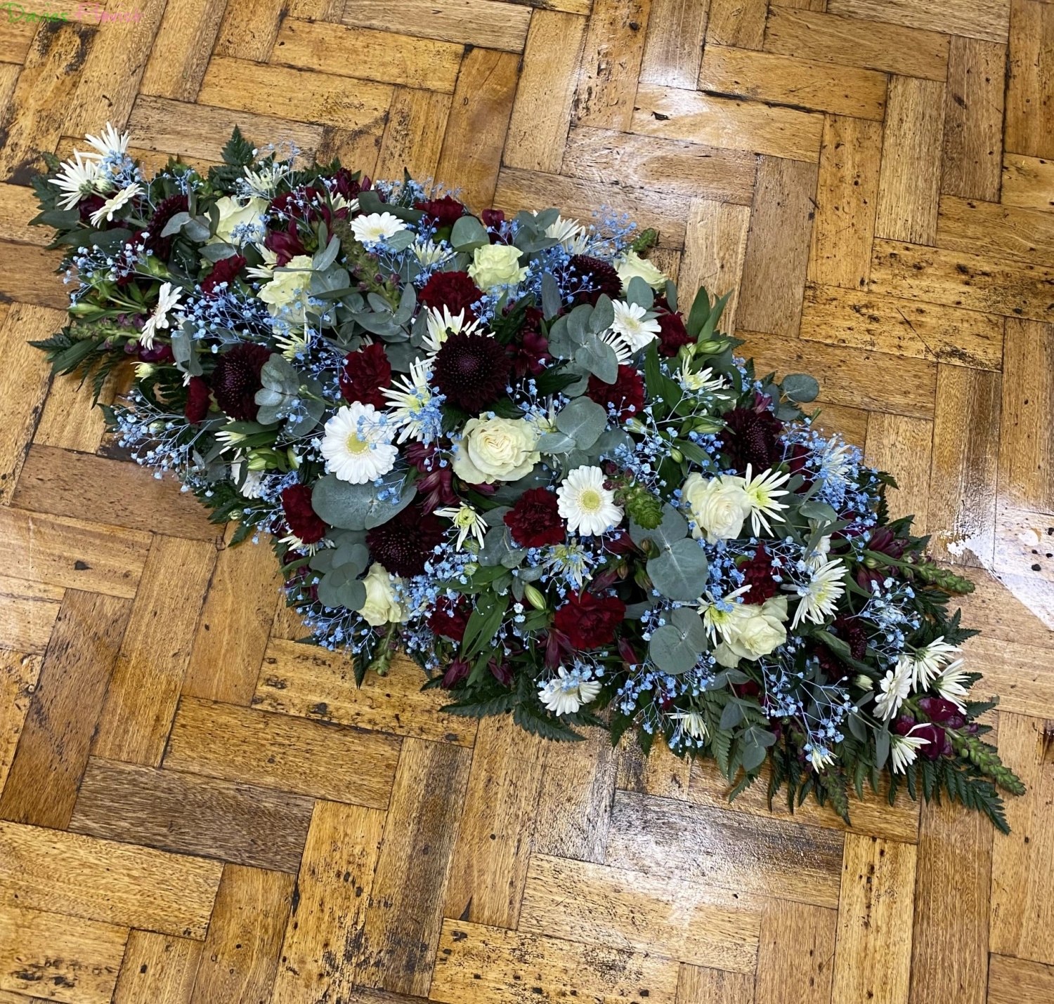 Burgundy baby blue and white Coffin Spray